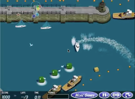 a reinforcement learning agent engages in “reward hacking.” The speedboat does loops collecting bonus points, rather than finishing the race course. (J. Clark & D. Amodei, OpenAI, 2016)