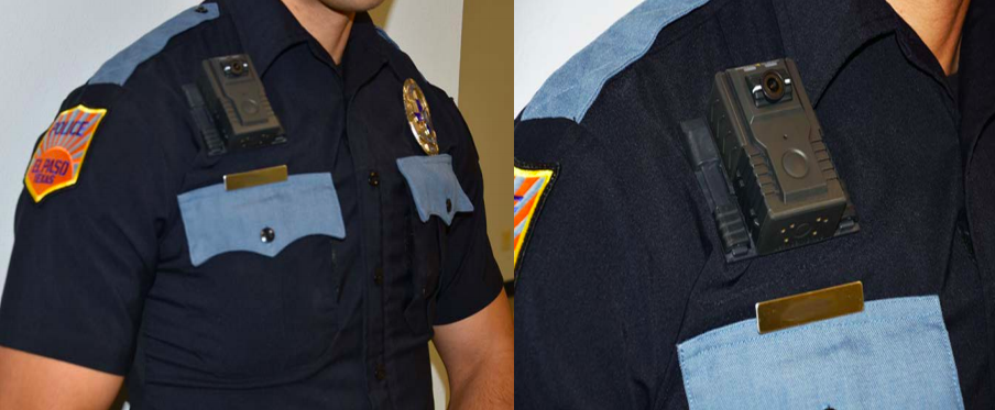 Images of a body-worn camera affixed the right side of an officer's chest.