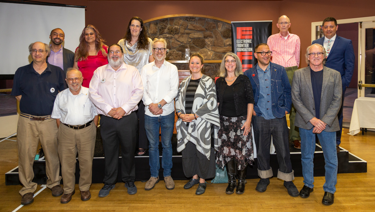 2019 Barlow recipients danah boyd, Oakland Privacy, and William Gibson with speakers Adam Savage, Cindy Cohn, Cory Doctorow, and Nathan "nash" Sheard 2019 Barlow recipients and speakers