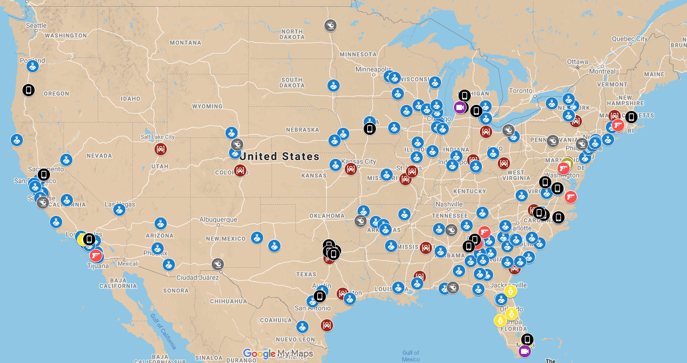 Click the image to launch and interactive map (Google's Privacy policy applies) A map of the United States with icons marking various surveillance technologies.