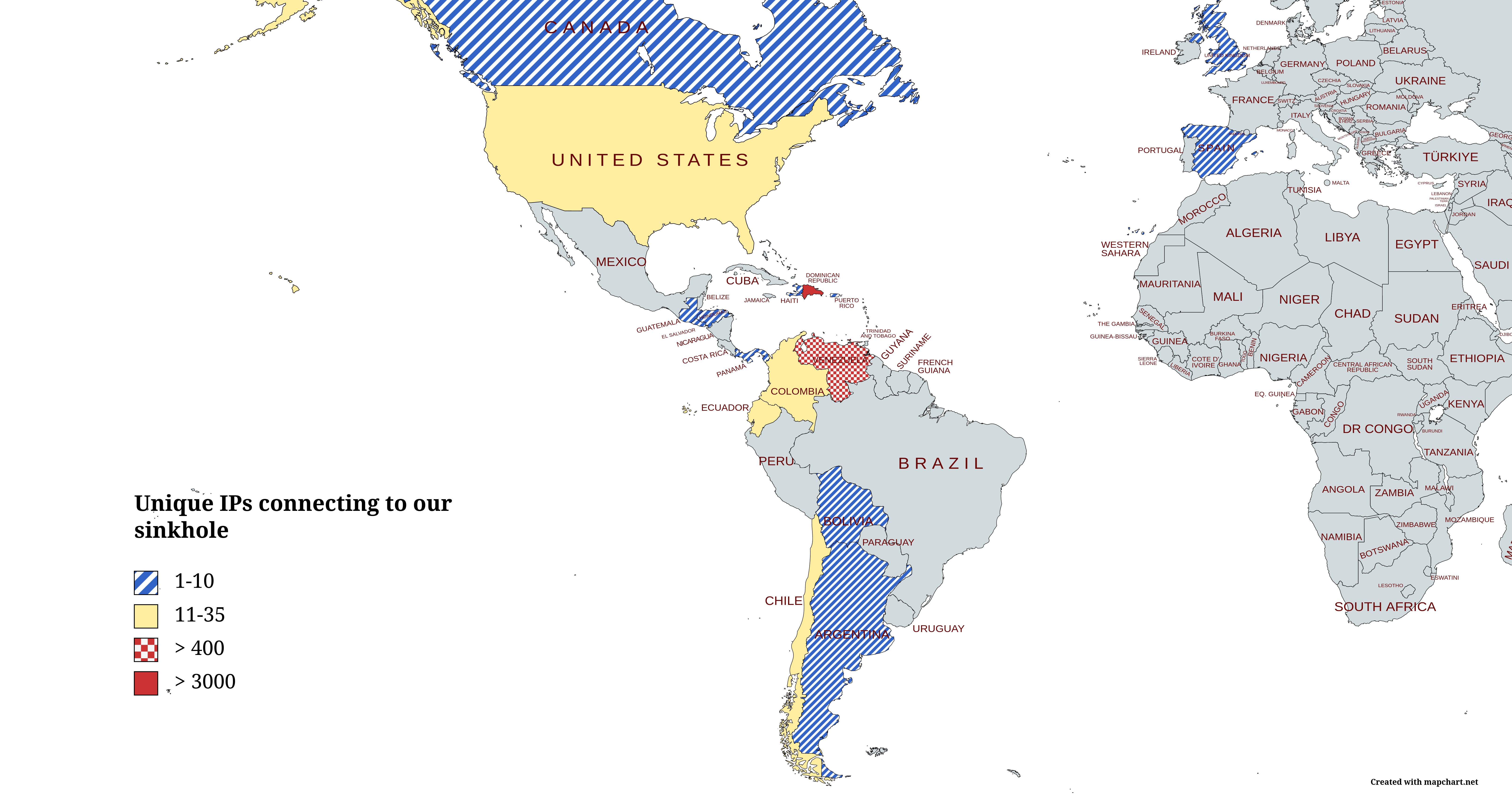 A map of Bandook infections based on Shodan Data. A world map color coded by the number of infections in each country. The highest number of infections is found in the Dominican Republic, followed by Venezuela, and a number of other Central and South American countires, the US, Canada, and UK also saw infections.
