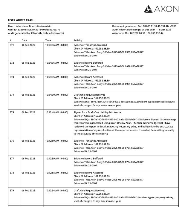 A document titled "Audit Trail" for user Brian Honenstein that has entries on February 6, 2025 for "Draft One Request Received" and "Signed for a Draft One Liability Disclosure" A document titled "Audit Trail" for user Brian Honenstein that has entries on February 6, 2025 for "Draft One Request Received" and "Signed for a Draft One Liability Disclosure"