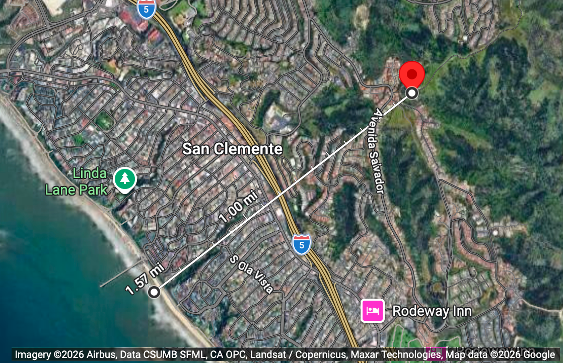Mapa de San Clemente mostrando 1,5 millas entre la torre y la costa Mapa de San Clemente mostrando 1,5 millas entre la torre y la costa